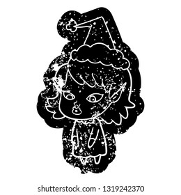 quirky cartoon distressed icon of a elf girl with pointy ears wearing santa hat