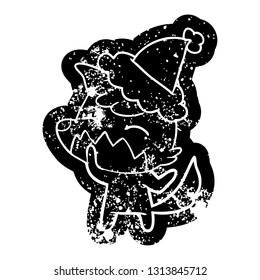 quirky cartoon distressed icon of a fox wearing santa hat