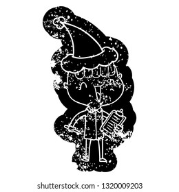 quirky cartoon distressed icon of a happy boy surprised wearing santa hat