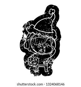 quirky cartoon distressed icon of a happy spacegirl holding moon rock wearing santa hat