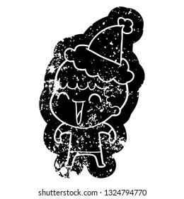 quirky cartoon distressed icon of a happy man wearing santa hat