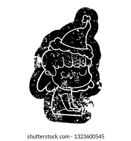 quirky cartoon distressed icon of a indifferent woman wearing santa hat