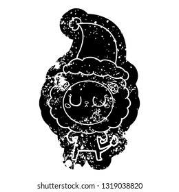 quirky cartoon distressed icon of a lion wearing santa hat