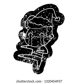 quirky cartoon distressed icon of a man crying wearing santa hat