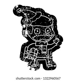 quirky cartoon distressed icon of a man with mustache and christmas present wearing santa hat