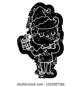 quirky cartoon distressed icon of a man wondering wearing santa hat