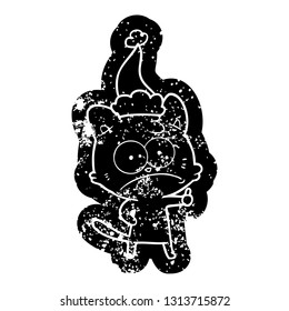 quirky cartoon distressed icon of a nervous cat wearing santa hat