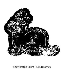 quirky cartoon distressed icon of a otter wearing santa hat