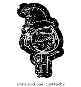 quirky cartoon distressed icon of a pretty astronaut girl wearing santa hat