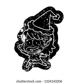 quirky cartoon distressed icon of a shocked elf girl wearing santa hat