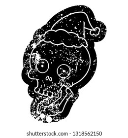 quirky cartoon distressed icon of a skull wearing santa hat