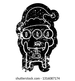 quirky cartoon distressed icon of a three eyed alien wearing santa hat