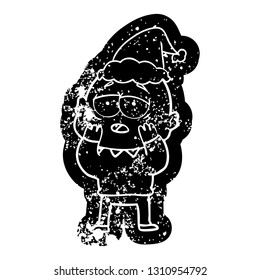 quirky cartoon distressed icon of a tired bald man wearing santa hat