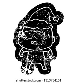 quirky cartoon distressed icon of a tired bald man wearing santa hat