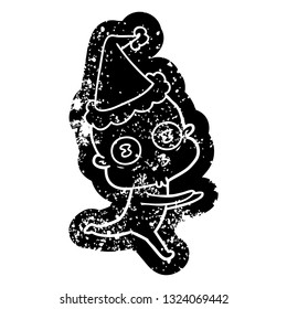 quirky cartoon distressed icon of a weird bald spaceman running wearing santa hat