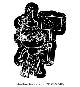 quirky cartoon distressed icon of a woman wearing glasses wearing santa hat