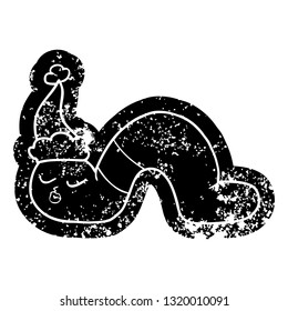 quirky cartoon distressed icon of a worm wearing santa hat