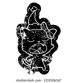 quirky cartoon distressed icon of a yawning cat wearing santa hat