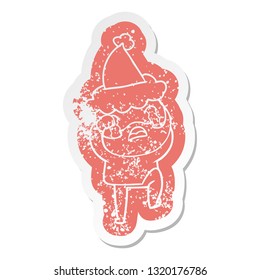 quirky cartoon distressed sticker of a bearded man crying and stamping foot wearing santa hat