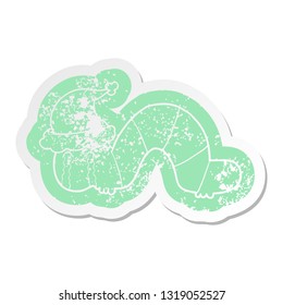 quirky cartoon distressed sticker of a caterpillar obsessing over his regrets wearing santa hat