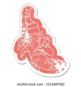 quirky cartoon distressed sticker of a crying banana wearing santa hat