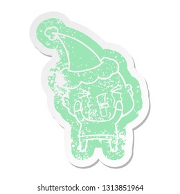 quirky cartoon distressed sticker of a crying bald man wearing santa hat