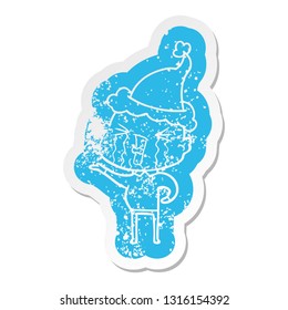 caricatura peculiar pegatina angustiada de un hombre calvo llorando con sombrero de santa