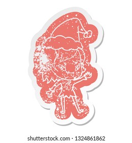 quirky cartoon distressed sticker of a friendly vampire girl wearing santa hat