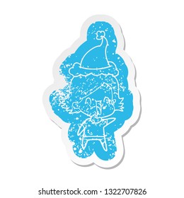 quirky cartoon distressed sticker of a happy woman wearing santa hat