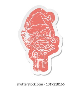 quirky cartoon distressed sticker of a laughing man wearing santa hat