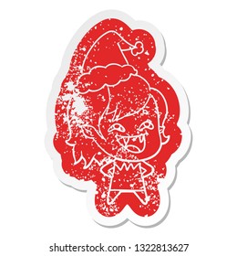 quirky cartoon distressed sticker of a laughing vampire girl wearing santa hat
