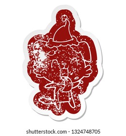 quirky cartoon distressed sticker of a panting dog wearing santa hat