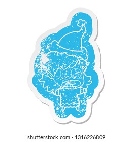 quirky cartoon distressed sticker of a shocked elf girl wearing santa hat