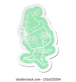 quirky cartoon distressed sticker of a weird bald spaceman running wearing santa hat