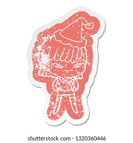 quirky cartoon distressed sticker of a woman wearing santa hat