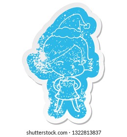 quirky cartoon distressed sticker of a woman wearing santa hat