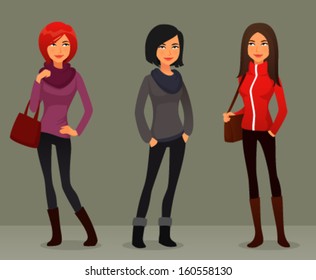 quirky cartoon girls in colorful autumn clothes. Funny cartoon characters of young women in street fashion.