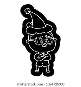 quirky cartoon icon of a annoyed woman wearing santa hat