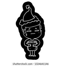 quirky cartoon icon of a anxious boy carrying book wearing santa hat
