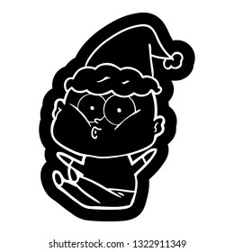 quirky cartoon icon of a bald man staring wearing santa hat