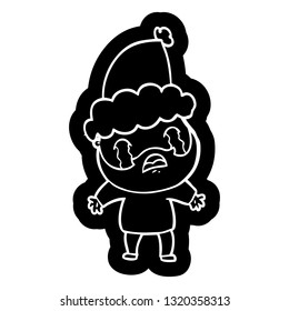 quirky cartoon icon of a bearded man crying wearing santa hat