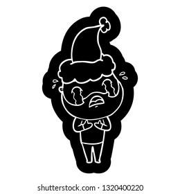 quirky cartoon icon of a bearded man crying wearing santa hat