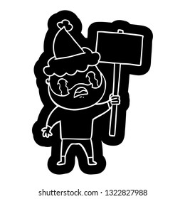quirky cartoon icon of a bearded protester crying wearing santa hat