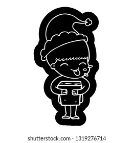 quirky cartoon icon of a boy wearing santa hat