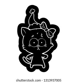 quirky cartoon icon of a cat wearing santa hat