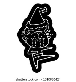quirky cartoon icon of a crying dancer wearing santa hat