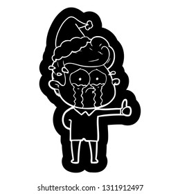 quirky cartoon icon of a crying man wearing santa hat