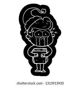 quirky cartoon icon of a crying man holding book wearing santa hat