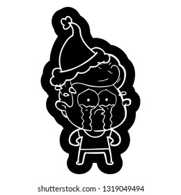 quirky cartoon icon of a crying man wearing santa hat
