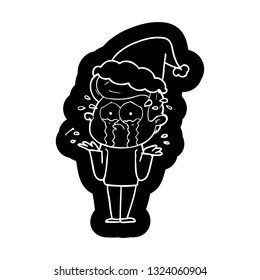 quirky cartoon icon of a crying man wearing santa hat